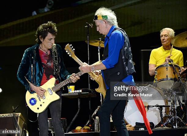Musicians Ronnie Wood, Keith Richards and Charlie Watts of The Rolling Stones perform during Desert Trip at The Empire Polo Club on October 14, 2016...