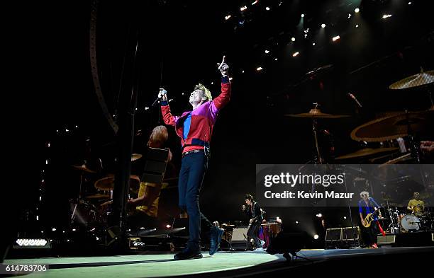 Musicians Mick Jagger, Ronnie Wood, Keith Richards and Charlie Watts of The Rolling Stones perform during Desert Trip at The Empire Polo Club on...