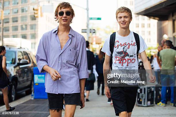 Models Paul Hameline, Jonas Gloer after the Lacoste show at Spring Studios on September 10, 2016 in New York City. Paul wears an oversized purple...