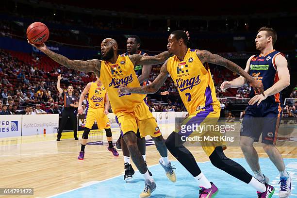 Josh Powell of the Kings rebounds during the round two NBL match between the Sydney Kings and the Cairns Taipans at Qudos Bank Arena on October 15,...
