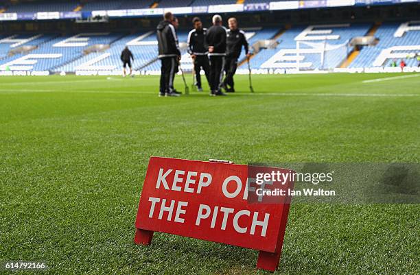 General view inside the stadium while the groundsmen speak on the pitch prior to kick off during the Premier League match between Chelsea and...