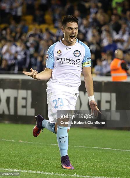 Bruno Fornaroli of Melbourne City celebrates after scoring a goal during the round two A-League match between Melbourne Victory and Melbourne City FC...