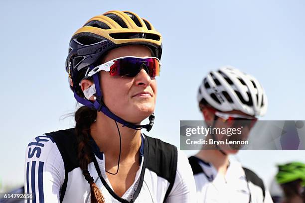 Elizabeth Deignan of Great Britain prepares for the start of the Elite Womens Road Race on Day Seven of the UCI Road World Championships at The Pearl...