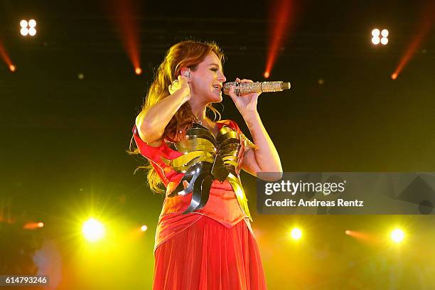 Singer Andrea Berg performs live during the first concert of her new tour 'Seelenleben' at KoenigPALAST on October 14, 2016 in Krefeld, Germany. Berg...