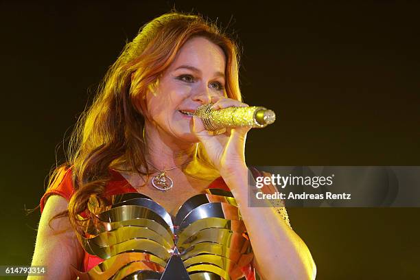 Singer Andrea Berg performs live during the first concert of her new tour 'Seelenleben' at KoenigPALAST on October 14, 2016 in Krefeld, Germany. Berg...