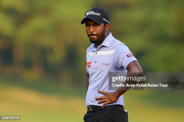 Chikkarangappa S. Of India plays a shot during round three of the 2016 Venetian Macao Open at Macau Golf and Country Club on October 15, 2016 in...