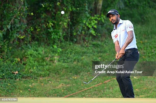 Chikkarangappa S. Of India plays a shot during round three of the 2016 Venetian Macao Open at Macau Golf and Country Club on October 15, 2016 in...