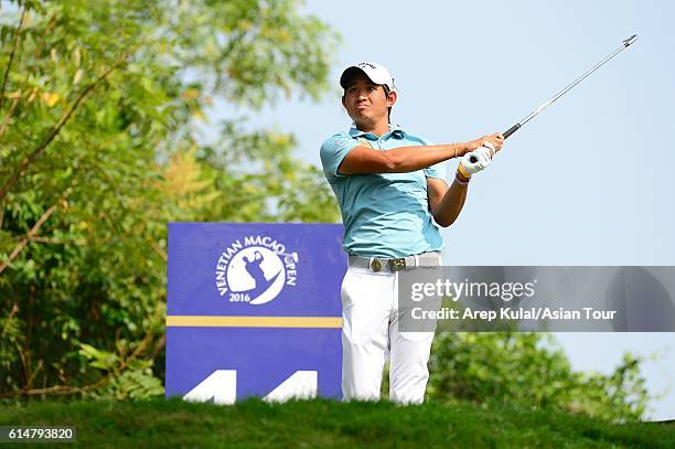 Pavit Tangkamolprasert of Thailand plays a shot during round three of the 2016 Venetian Macao Open at Macau Golf and Country Club on October 15, 2016...