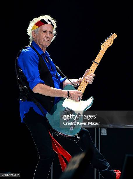 Musician Keith Richards of The Rolling Stones performs during Desert Trip at The Empire Polo Club on October 14, 2016 in Indio, California.