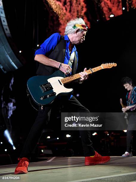 Musician Keith Richards of The Rolling Stones performs during Desert Trip at The Empire Polo Club on October 14, 2016 in Indio, California.