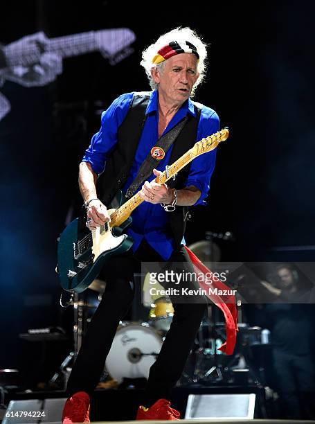 Musician Keith Richards of The Rolling Stones performs during Desert Trip at The Empire Polo Club on October 14, 2016 in Indio, California.