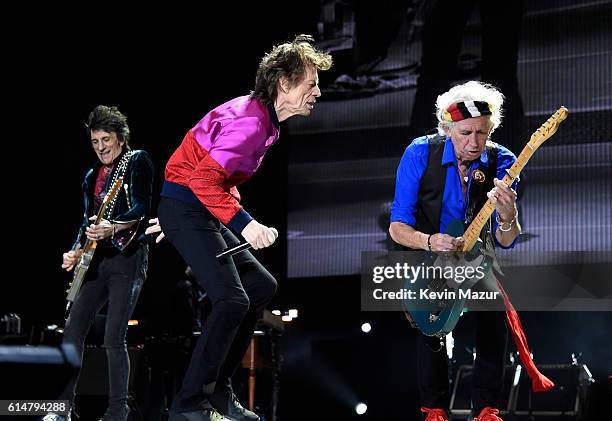 Musicians Ronnie Wood, Mick Jagger and Keith Richards of The Rolling Stones perform during Desert Trip at The Empire Polo Club on October 14, 2016 in...
