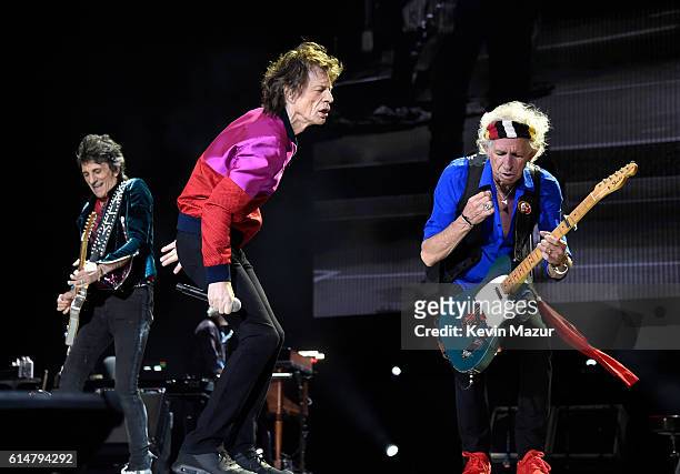 Musicians Ronnie Wood, Mick Jagger and Keith Richards of The Rolling Stones perform during Desert Trip at The Empire Polo Club on October 14, 2016 in...