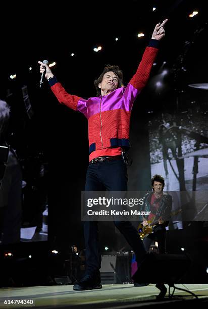 Musician Mick Jagger of The Rolling Stones performs during Desert Trip at The Empire Polo Club on October 14, 2016 in Indio, California.