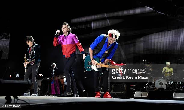 Musicians Ronnie Wood, Mick Jagger, Keith Richards and Charlie Watts of The Rolling Stones perform during Desert Trip at The Empire Polo Club on...