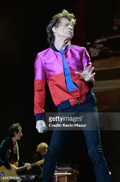 Musician Mick Jagger of The Rolling Stones performs during Desert Trip at The Empire Polo Club on October 14, 2016 in Indio, California.