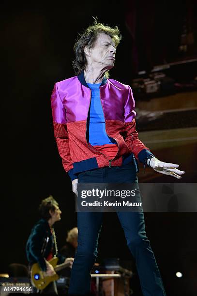 Musician Mick Jagger of The Rolling Stones performs during Desert Trip at The Empire Polo Club on October 14, 2016 in Indio, California.