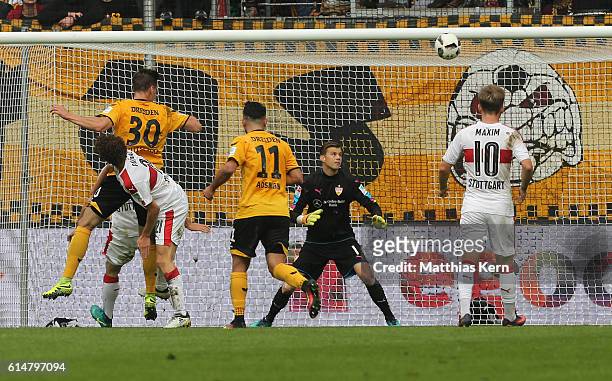 Stefan Kutschke of Dresden scores the first goal during the Second Bundesliga match between SG Dynamo Dresden and VfB Stuttgart at DDV-Stadion on...