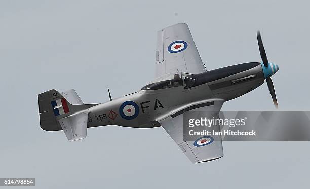 Historical P-51 Mustang aircraft performs during the T150 Defence Force Air Show on October 15, 2016 in Townsville, Australia. The Air Show forms...