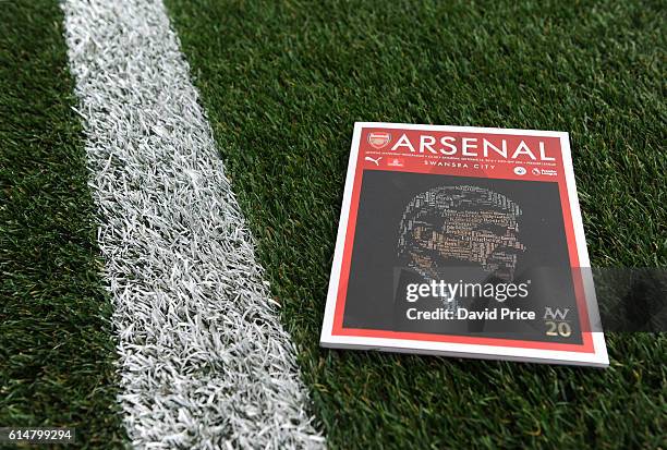 The Arsenal matchday programme featuring Arsene Wenger for his 20 years at Arsenal before the Premier League match between Arsenal and Swansea City...