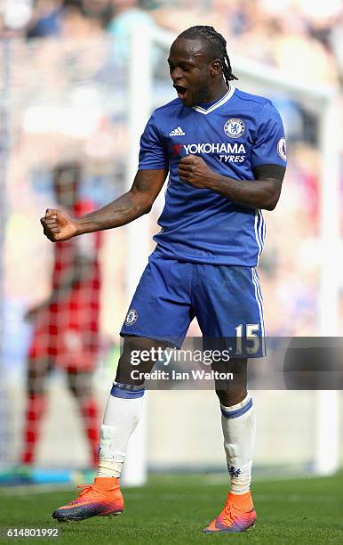 Victor Moses of Chelsea celebrates scoring his sides third goal during the Premier League match between Chelsea and Leicester City at Stamford Bridge...