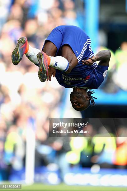 Victor Moses of Chelsea celebrates scoring his sides third goal during the Premier League match between Chelsea and Leicester City at Stamford Bridge...