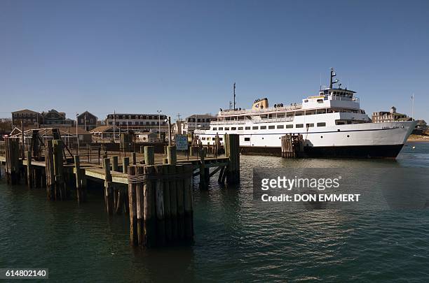 Block Island Ferry sits in the Old Harbor on October 14, 2016 in Block Island, Rhode Island. The first offshore wind project in America at Block...
