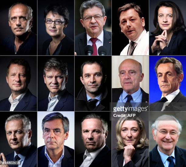 This combination picture image made on October 15, 2016 shows the 15 current main declared candidates for the 2017 French Presidential elections: Top...