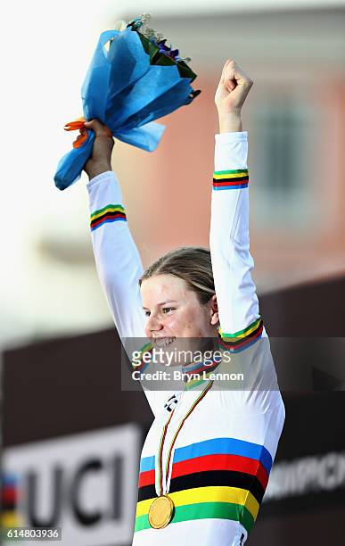 Gold medalist Amalie Dideriksen of Denmark celebrates her win on the podium after the Elite Womens Road Race on Day Seven of the UCI Road World...