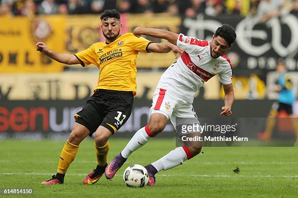 Aias Aosman of Dresden battles for the ball with Berkay Oezcan of Stuttgart during the Second Bundesliga match between SG Dynamo Dresden and VfB...