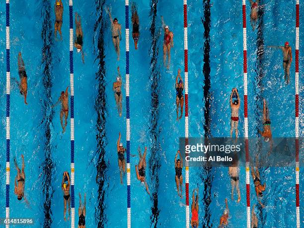 Swimmers warm-up prior to Day Two of the 2016 U.S. Olympic Team Swimming Trials at CenturyLink Center on June 27, 2016 in Omaha, Nebraska.