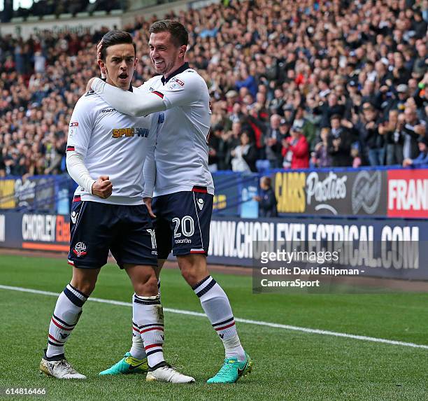 Bolton Wanderers' Zach Clough celebrates scoring his sides first goal with Andrew Taylor during the Sky Bet League One match between Bolton Wanderers...
