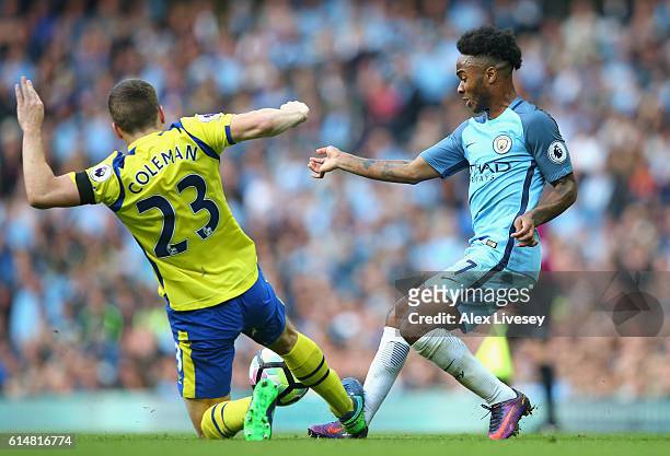 Seamus Coleman of Everton fouls Raheem Sterling of Manchester City during the Premier League match between Manchester City and Everton at Etihad...