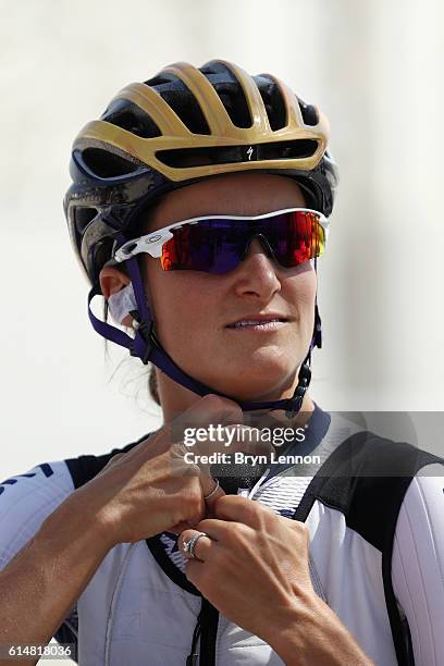 Elizabeth Deignan of Great Britain prepares for the start of the Elite Women road race on day seven of the 2016 UCI Road World Championships on...