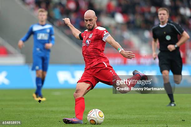 Daniel Brueckner of Erfurt kicks the ball during the Third League match between FC Rot Weiss Erfurt and 1. FC Magdeburg at Steigerwald stadium on...