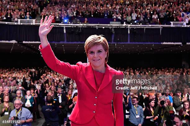 First Minister and SNP leader Nicola Sturgeon waves after she addressed the Scottish National Party Conference 2016 on October 15, 2016 in Glasgow,...
