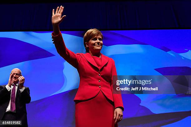 First Minister and SNP leader Nicola Sturgeon waves after she addressed the Scottish National Party Conference 2016 on October 15, 2016 in Glasgow,...