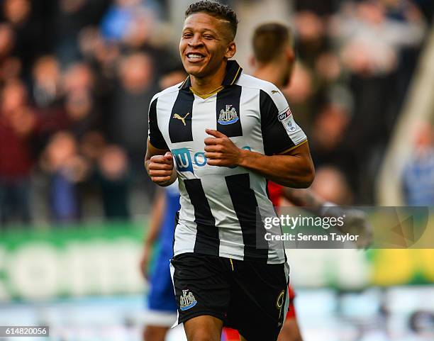 Dwight Gale of Newcastle United celebrates after scoring the third Newcastle goal during the Sky Bet Championship Match between Newcastle United and...