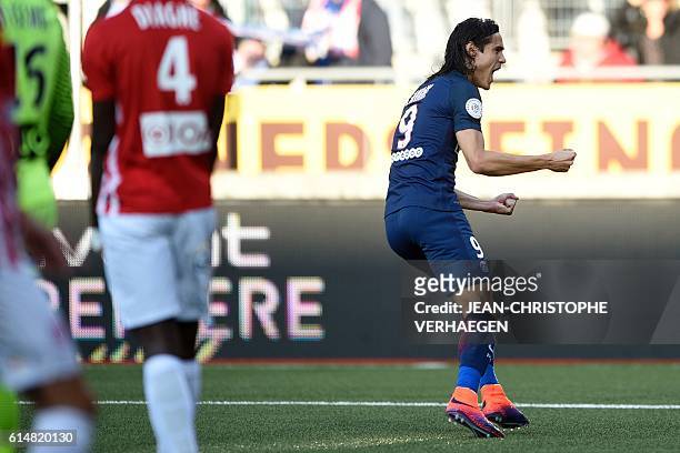 Paris Saint-Germain's Uruguayan forward Edinson Cavani celebrates after scoring a goal during the French L1 football match between Nancy and Paris on...