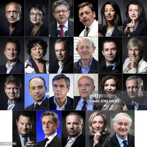 This combination picture image made on October 15, 2016 shows the 23 current declared candidates for the 2017 French Presidential elections : Top Row...