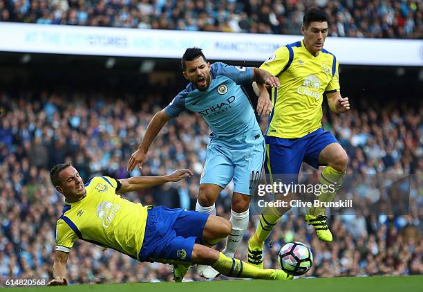 Sergio Aguero of Manchester City is fouled in the box by Phil Jagielka of Everton during the Premier League match between Manchester City and Everton...
