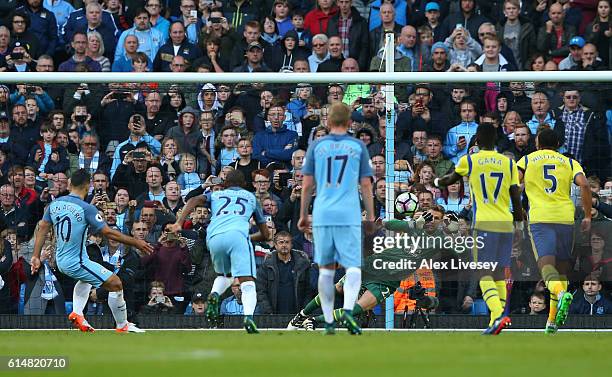 Maarten Stekelenburg of Everton saves Sergio Aguero of Manchester City penalty during the Premier League match between Manchester City and Everton at...