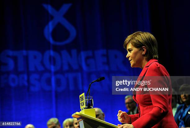 Nicola Sturgeon, First Minister of Scotland and leader of the Scottish National Party delivers her keynote address to delegates at the SNP Conference...