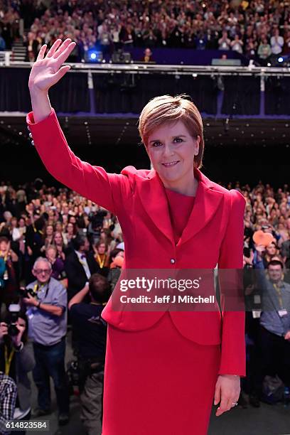 First Minister and SNP leader Nicola Sturgeon waves after she addressed the Scottish National Party Conference 2016 on October 15, 2016 in Glasgow,...