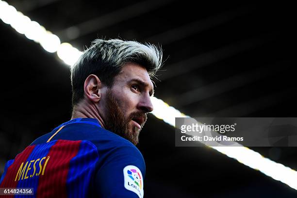 Lionel Messi of FC Barcelona looks on during the La Liga match between FC Barcelona and RC Deportivo La Coruna at Camp Nou stadium on October 15,...