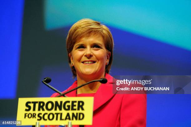 Nicola Sturgeon, First Minister of Scotland and leader of the Scottish National Party delivers her keynote address to delegates at the SNP Conference...