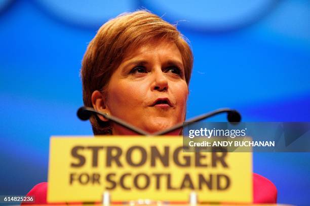 Nicola Sturgeon, First Minister of Scotland and leader of the Scottish National Party delivers her keynote address to delegates at the SNP Conference...