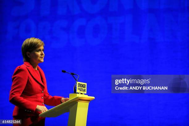 Nicola Sturgeon, First Minister of Scotland and leader of the Scottish National Party delivers her keynote address to delegates at the SNP Conference...