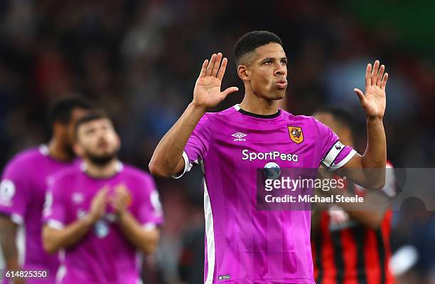 Curtis Davies of Hull City reacts after the Premier League match between AFC Bournemouth and Hull City at Vitality Stadium on October 15, 2016 in...