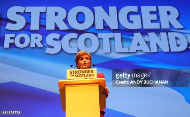 Nicola Sturgeon, First Minister of Scotland and leader of the Scottish National Party delivers her keynote address to delegates at the SNP Conference...